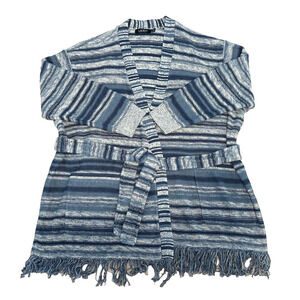 Ralph Lauren LRL Linen Cotton Belted Cardigan Women 3X Blue Stripe Fringe Resort